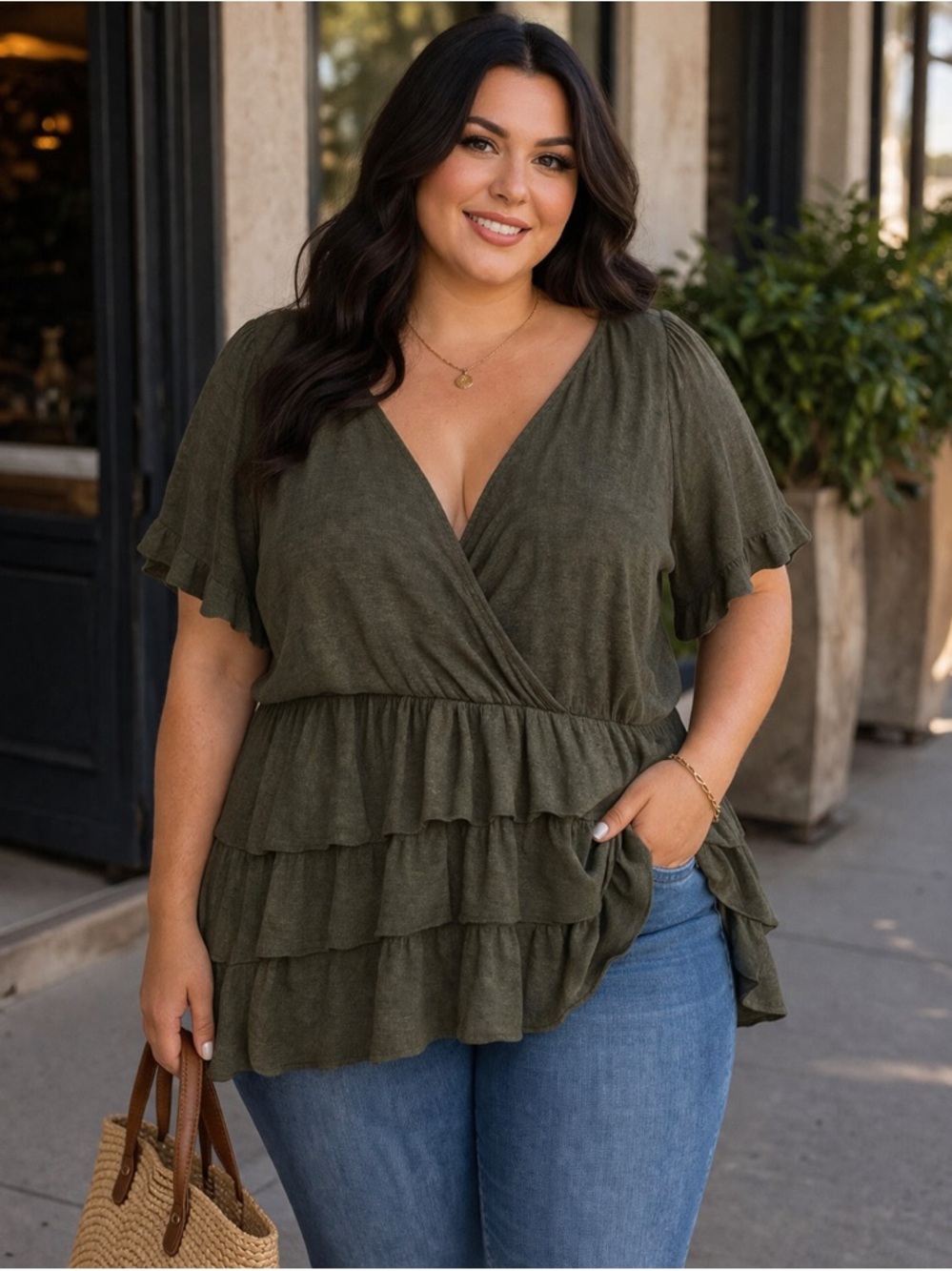 Tiered Ruffle Wrap Peplum Top - Olive NWOT